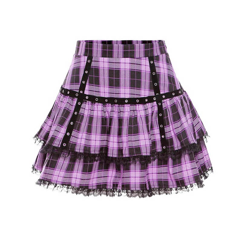 Purple Plaid Lace Mini Skirt