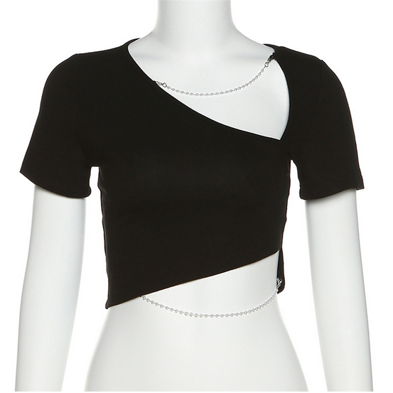 Women's Punk V-neck Short Sleeved Crop Top with Pearl Chain