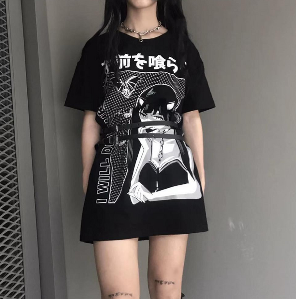 Oversize Black T-shirt Grunge Printed