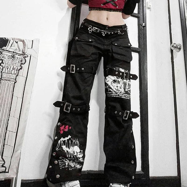 Punk Metal Buckle Printed Jeans