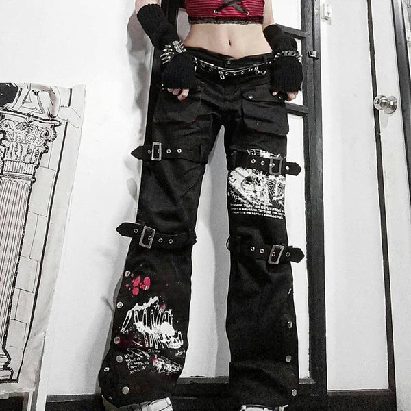 Punk Metal Buckle Printed Jeans