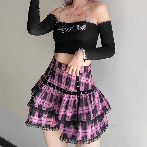 Purple Plaid Lace Mini Skirt