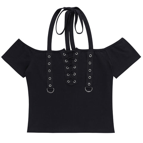 Short Sleeve Lace Up Halterneck Corset Top