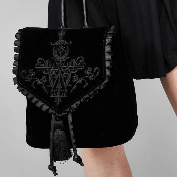 Magic Embroidered Black Velvet Backpack