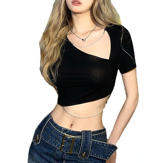 Women's Punk V-neck Short Sleeved Crop Top with Pearl Chain