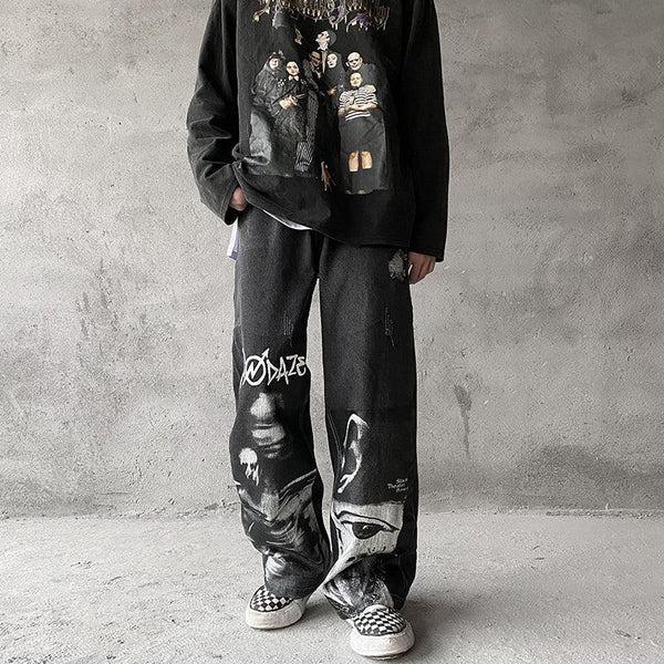 Abstract Character Loose Denim Straight Leg Pants