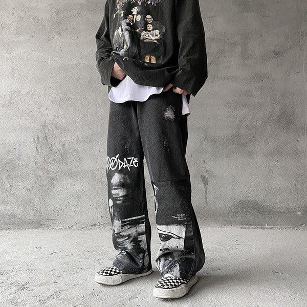 Abstract Character Loose Denim Straight Leg Pants