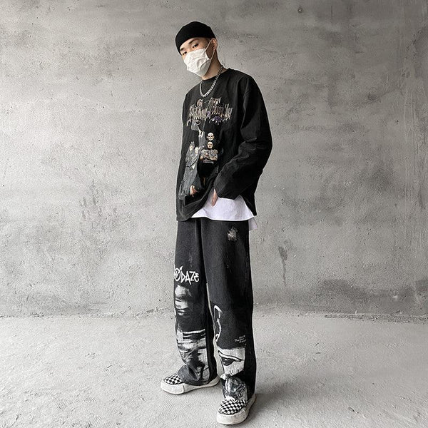 Abstract Character Loose Denim Straight Leg Pants