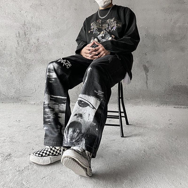 Abstract Character Loose Denim Straight Leg Pants