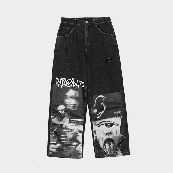 Abstract Character Loose Denim Straight Leg Pants