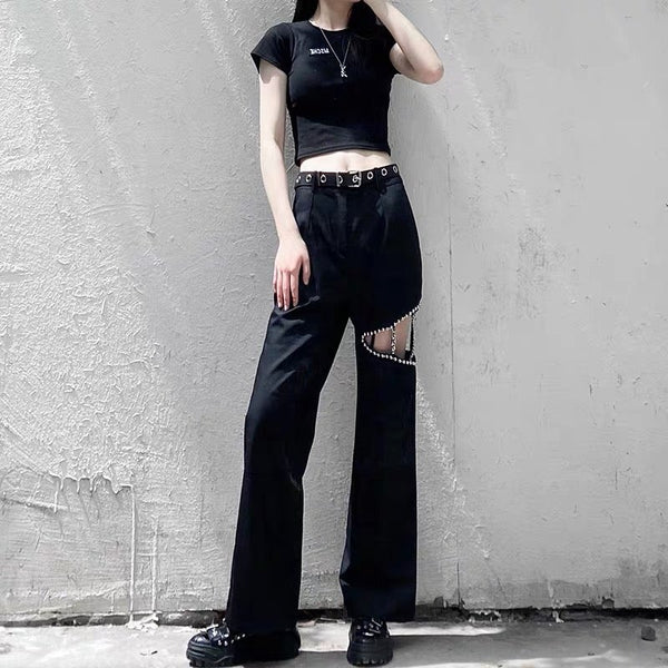 Beaded Hollow High Waist Black Straight Pants