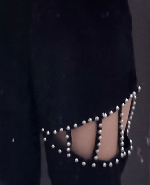 Beaded Hollow High Waist Black Straight Pants