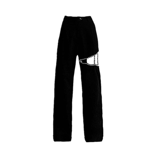 Beaded Hollow High Waist Black Straight Pants