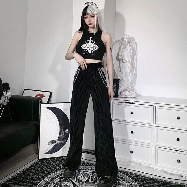 Chain High Waist Black Straight Pants