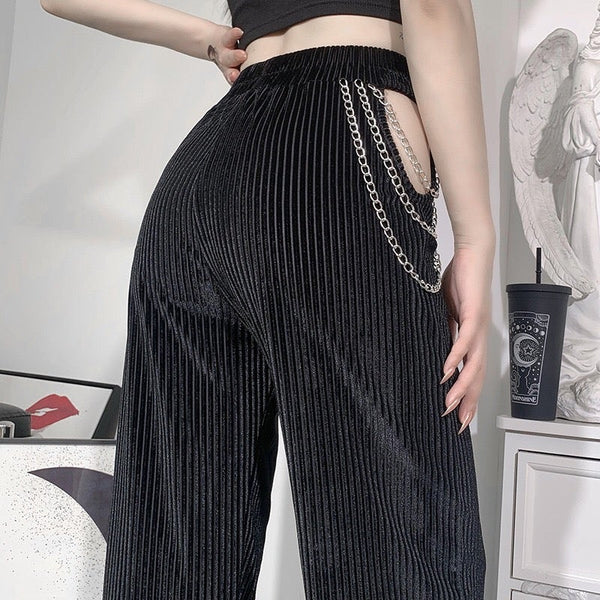 Chain High Waist Black Straight Pants