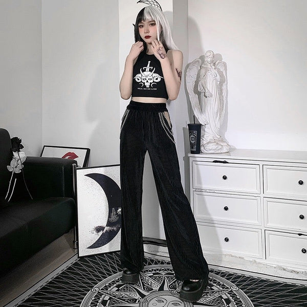 Chain High Waist Black Straight Pants