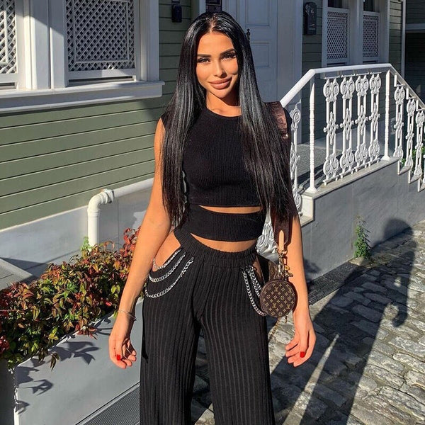 Chain High Waist Black Straight Pants