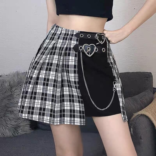 Double Buckle Pleated Plaid Mini Skirt