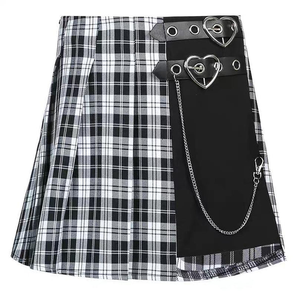 Double Buckle Pleated Plaid Mini Skirt