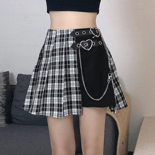 Double Buckle Pleated Plaid Mini Skirt