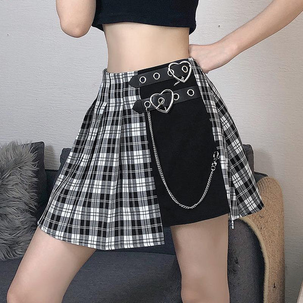 Double Buckle Pleated Plaid Mini Skirt