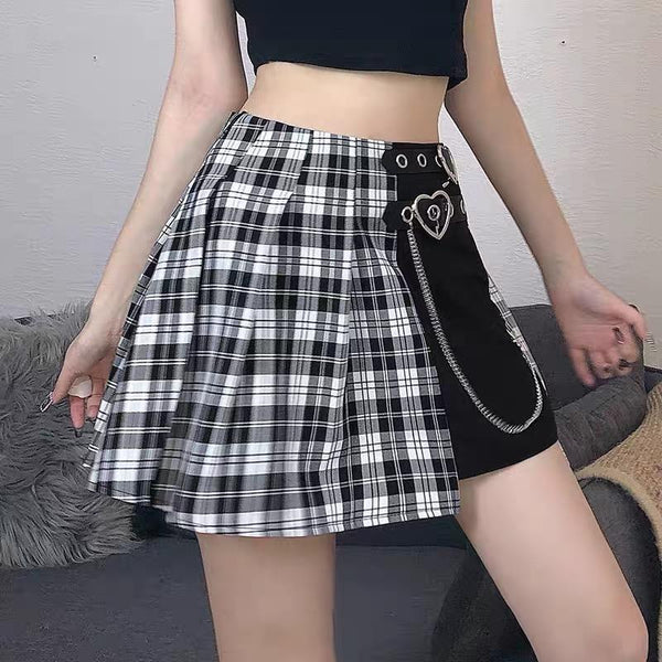 Double Buckle Pleated Plaid Mini Skirt