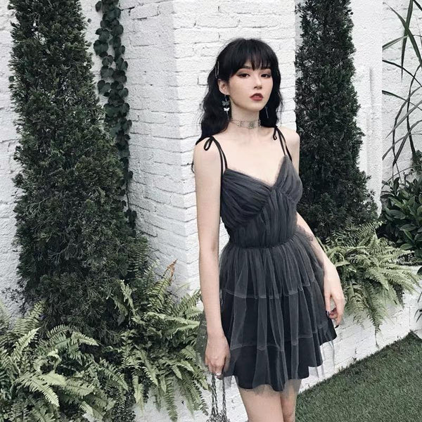 Gray Mesh Spaghetti Strap Mini Dress