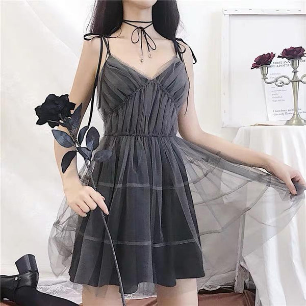 Gray Mesh Spaghetti Strap Mini Dress