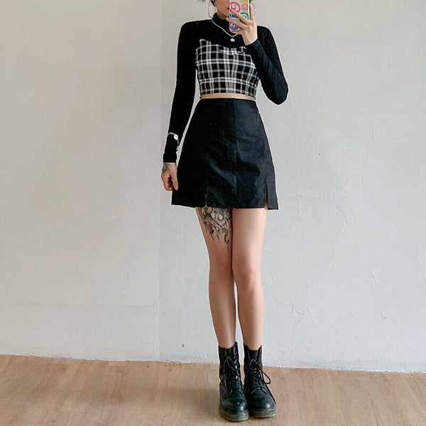 Black Long Sleeves 2-Piece Plaid Cami Top