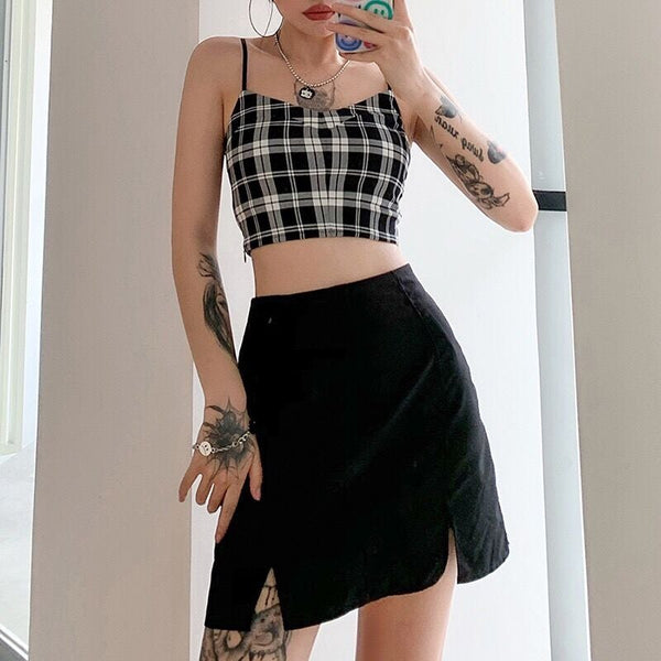 Black Long Sleeves 2-Piece Plaid Cami Top