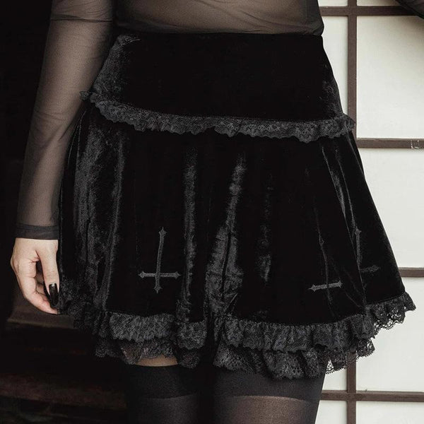 Cross Embroidery Lace Velvet Skirt