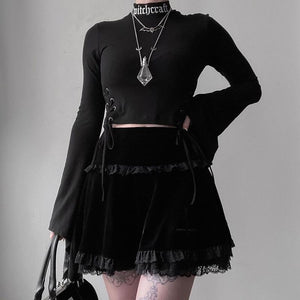 Cross Embroidery Lace Velvet Skirt