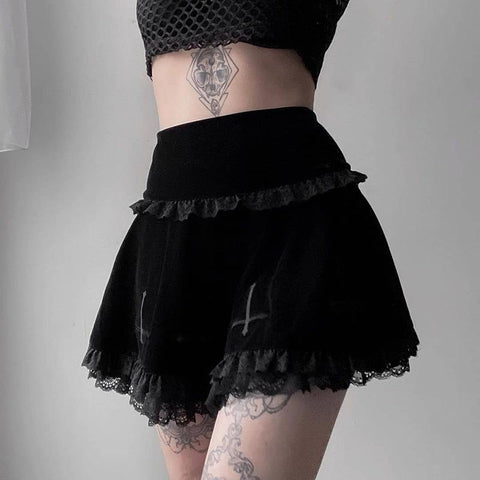 Cross Embroidery Lace Velvet Skirt