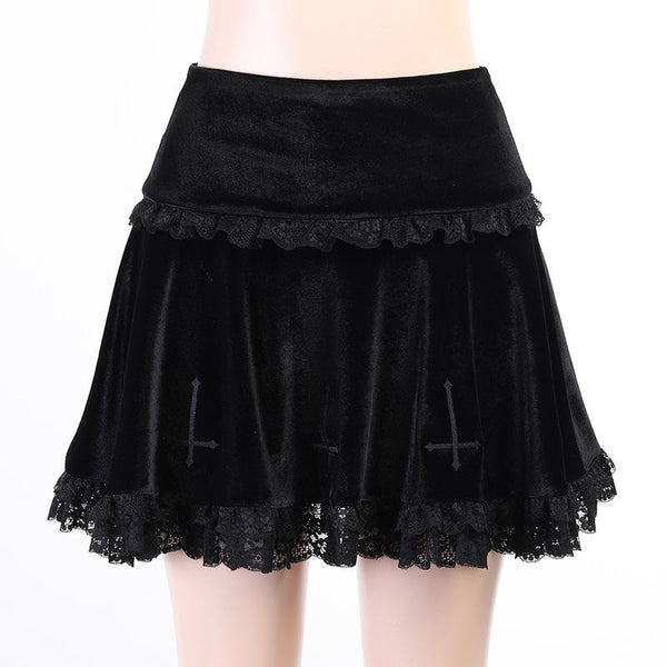 Cross Embroidery Lace Velvet Skirt