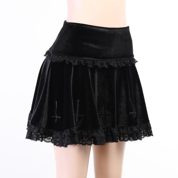 Cross Embroidery Lace Velvet Skirt