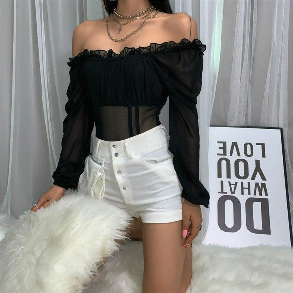 Valentine's Day Outfit Off Shoulder Ruffled Mesh Bodysuit