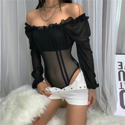 Valentine's Day Outfit Off Shoulder Ruffled Mesh Bodysuit