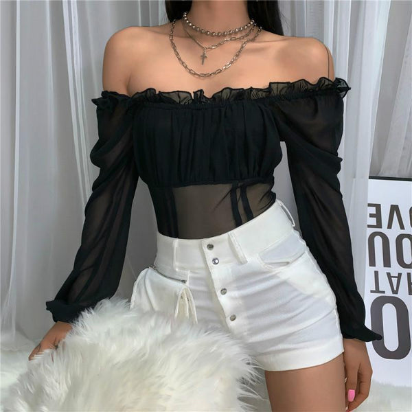 Valentine's Day Outfit Off Shoulder Ruffled Mesh Bodysuit