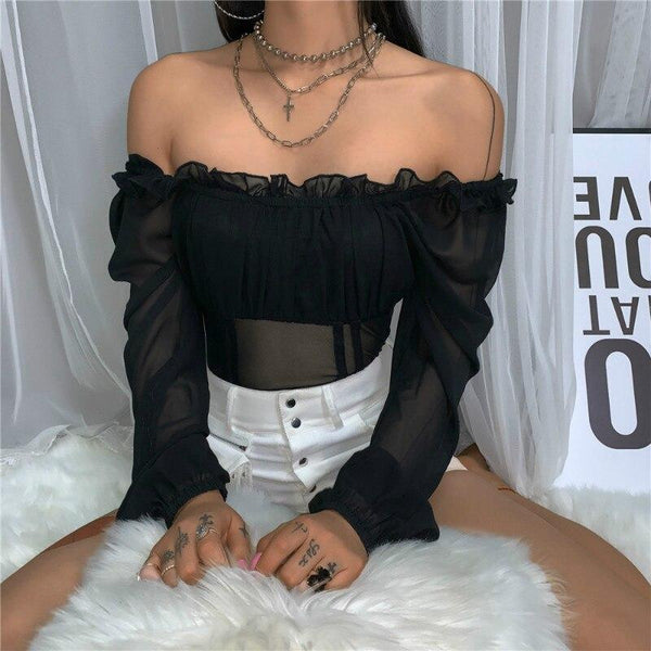 Valentine's Day Outfit Off Shoulder Ruffled Mesh Bodysuit