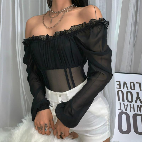 Valentine's Day Outfit Off Shoulder Ruffled Mesh Bodysuit