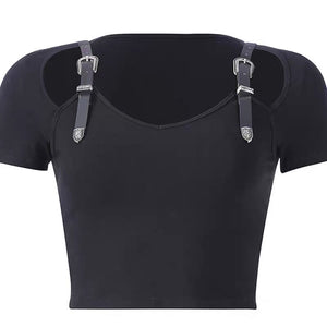 PU Buckle Design Cold Shoulder T-Shirt