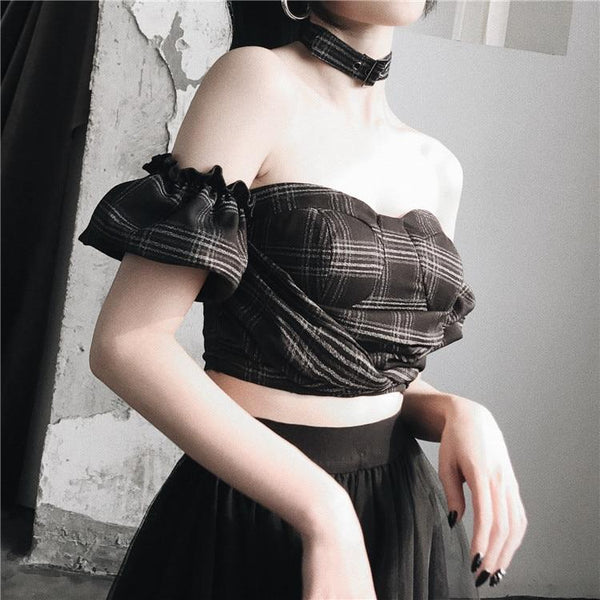 Puff Sleeve Plaid Tube Top with Choker