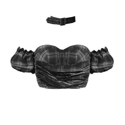 Puff Sleeve Plaid Tube Top with Choker