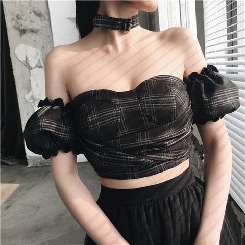 Puff Sleeve Plaid Tube Top with Choker