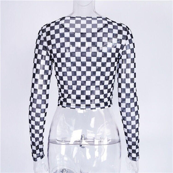 Long Sleeve Checkerboard Sheer Mesh Crop Top