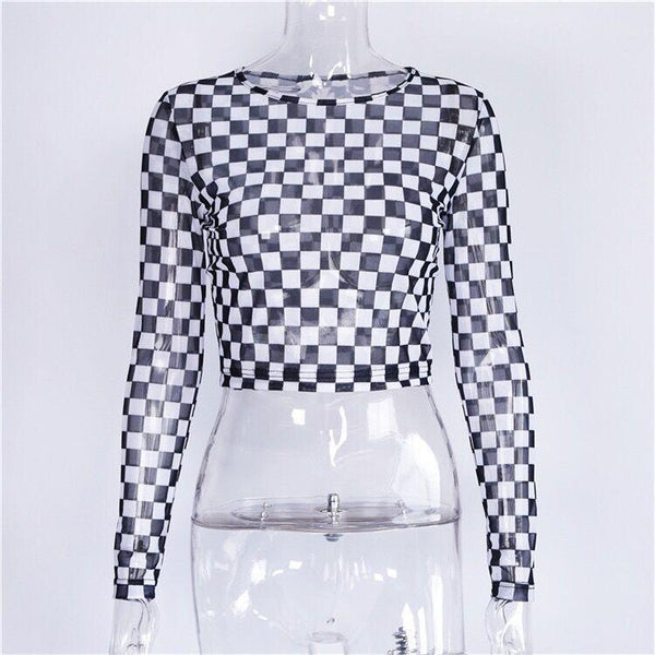 Long Sleeve Checkerboard Sheer Mesh Crop Top