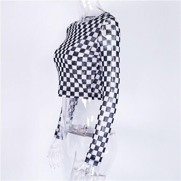 Long Sleeve Checkerboard Sheer Mesh Crop Top