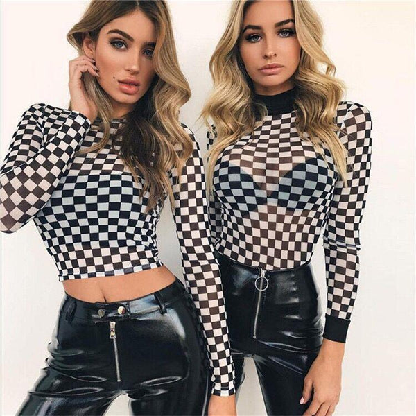 Long Sleeve Checkerboard Sheer Mesh Crop Top