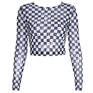 Long Sleeve Checkerboard Sheer Mesh Crop Top