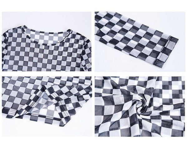 Long Sleeve Checkerboard Sheer Mesh Crop Top